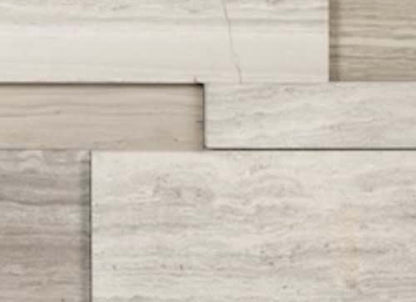 Splitface & Cubics in Strada Mist Veincut 6x24 Cubic Wall Panels Honed