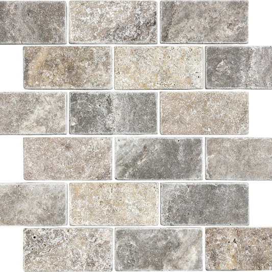 Travertine in Silver Ash Tumbled 2x4-Brick Natural Stone